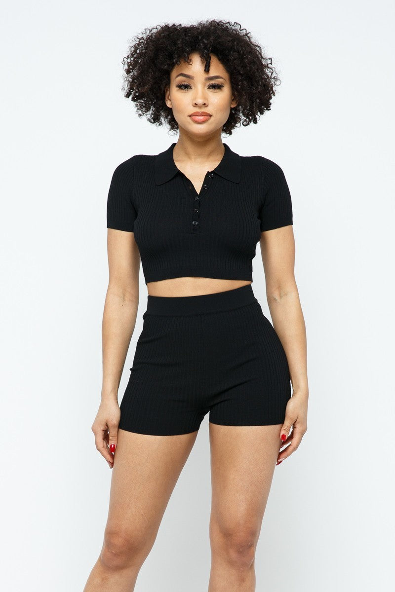 Women Collar Cropped Top T-Shirt & Shorts Set Rayon Stretch Short Sleeve Tee