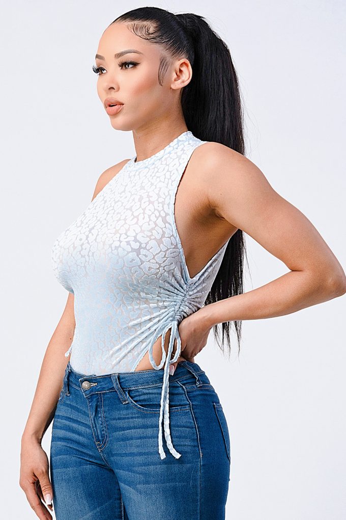 Women Crew Neck Velvet Leopard Shirring Extreme Cut Sleeveless Bodysuit Tank Top