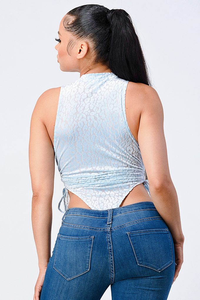 Women Crew Neck Velvet Leopard Shirring Extreme Cut Sleeveless Bodysuit Tank Top