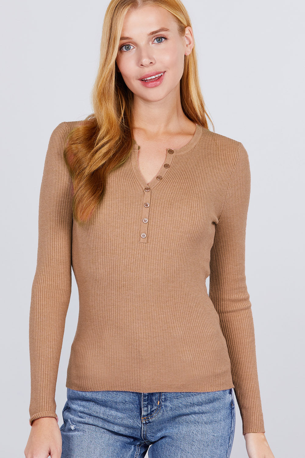 Women's Notched Neck Henley Soft Viscose Sweater Long Sleeve Stretch