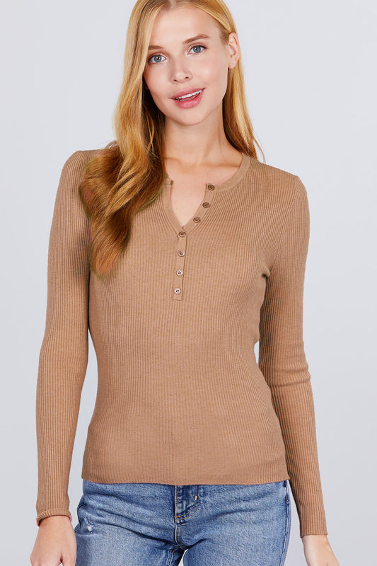 Women's Notched Neck Henley Soft Viscose Sweater Long Sleeve Stretch