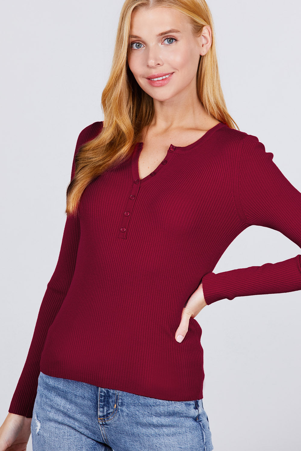 Women's Notched Neck Henley Soft Viscose Sweater Long Sleeve Stretch