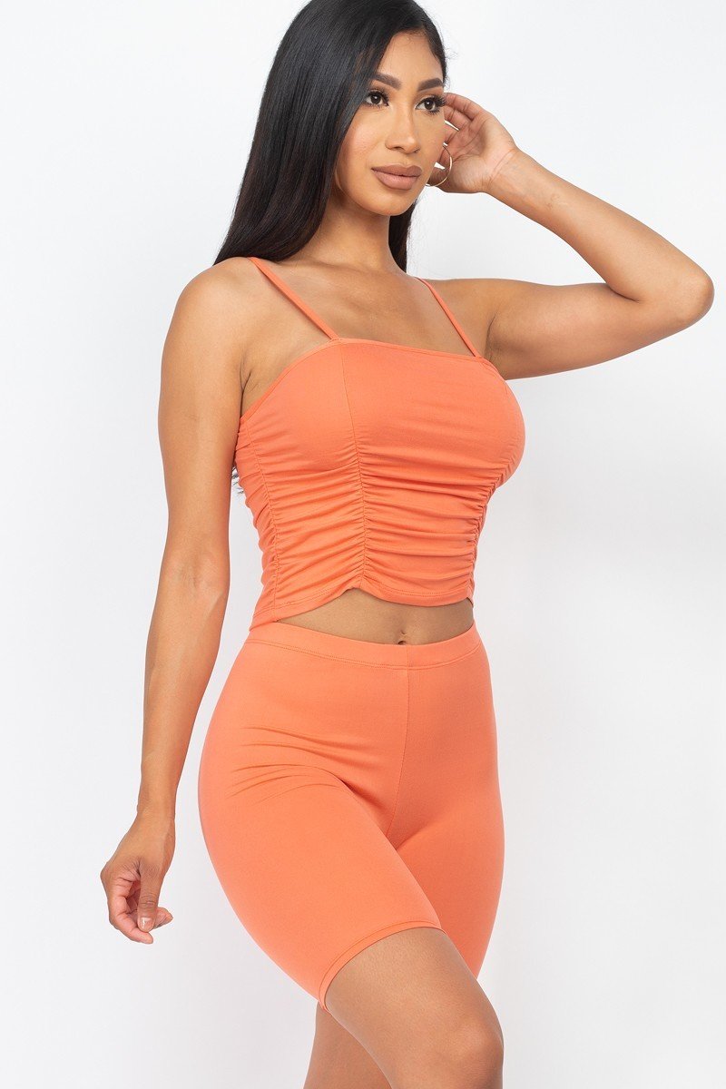 Womens Basic Camisole Ruched Sleeveless Top & Biker Shorts Activewear Set