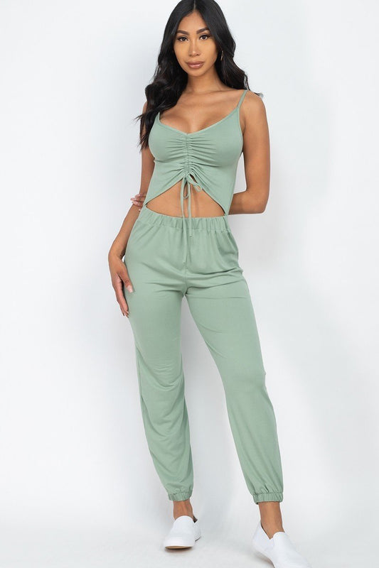 Women's Bodycon Front Ruched Adjustable String Cami Casual Stretch Jumpsuit