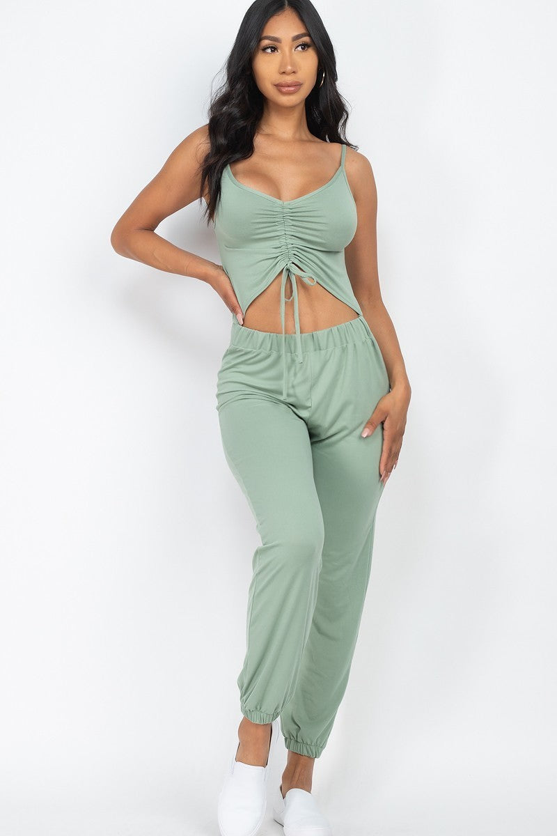 Women's Bodycon Front Ruched Adjustable String Cami Casual Stretch Jumpsuit