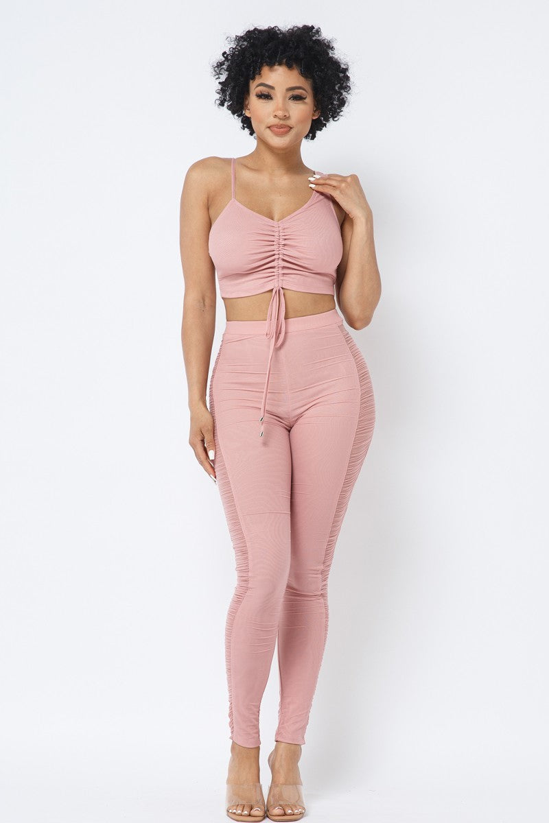 Women V-Neck Mesh Strappy Ruched Crop Top & See Through Side Leg Leggings Set