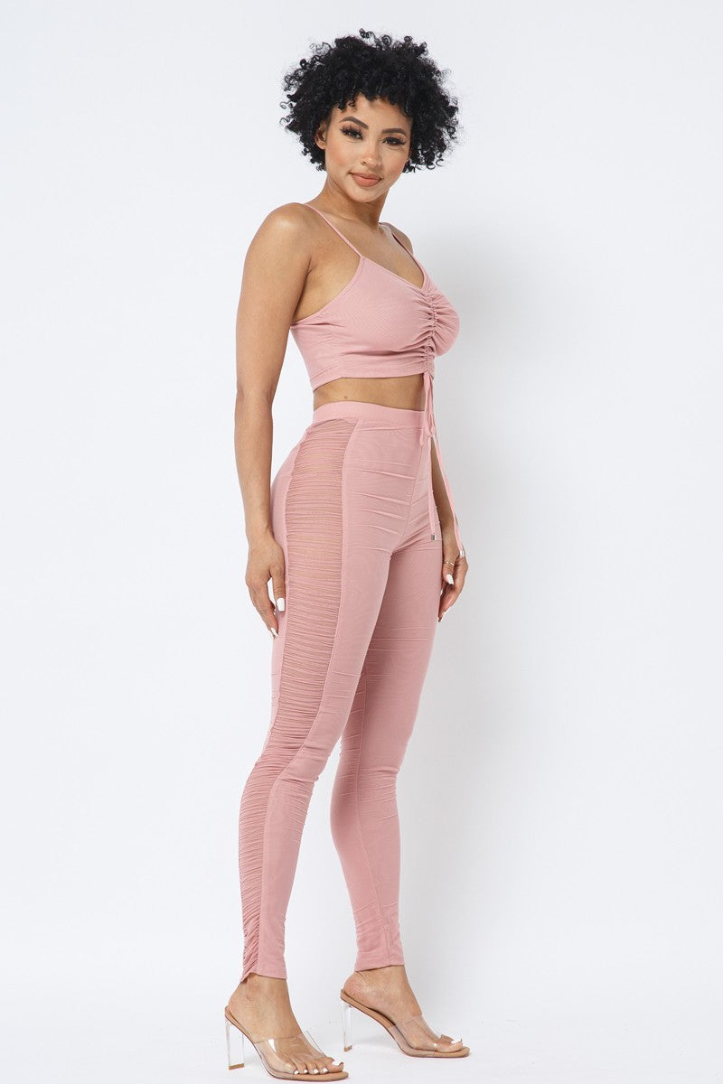 Women V-Neck Mesh Strappy Ruched Crop Top & See Through Side Leg Leggings Set