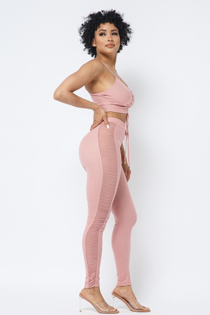 Women V-Neck Mesh Strappy Ruched Crop Top & See Through Side Leg Leggings Set