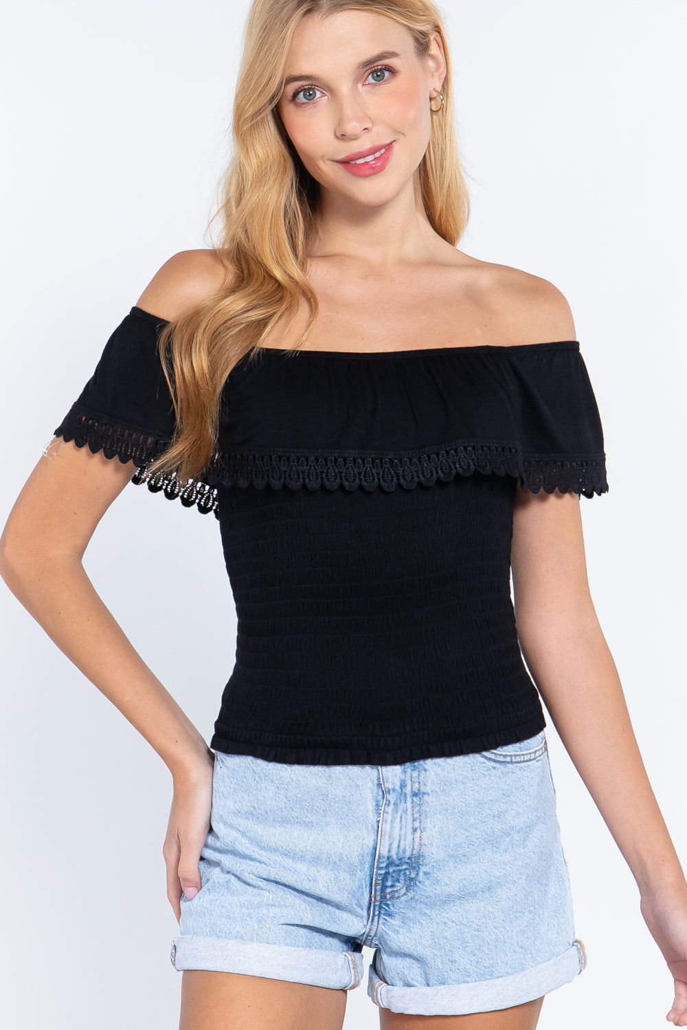 Women's Off Shoulder Lace Smocked Top Soft Rayon Stretch Knit T-Shirt Blouse