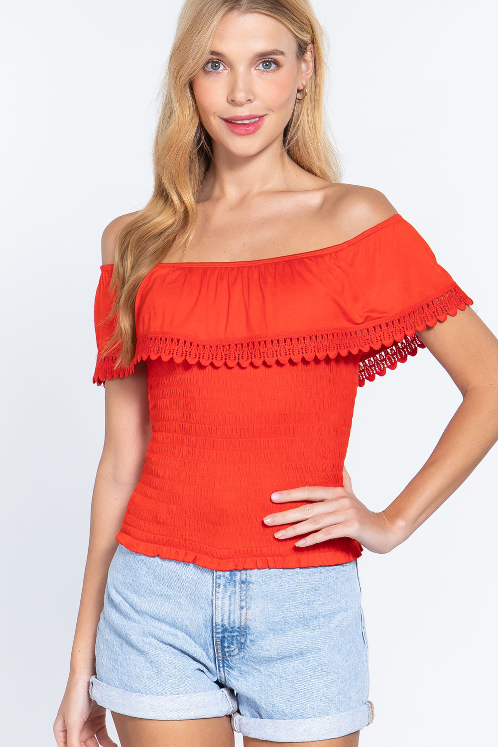 Women's Off Shoulder Lace Smocked Top Soft Rayon Stretch Knit T-Shirt Blouse