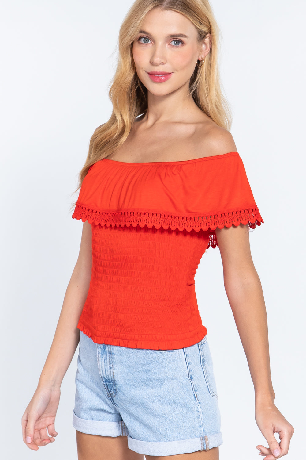 Women's Off Shoulder Lace Smocked Top Soft Rayon Stretch Knit T-Shirt Blouse