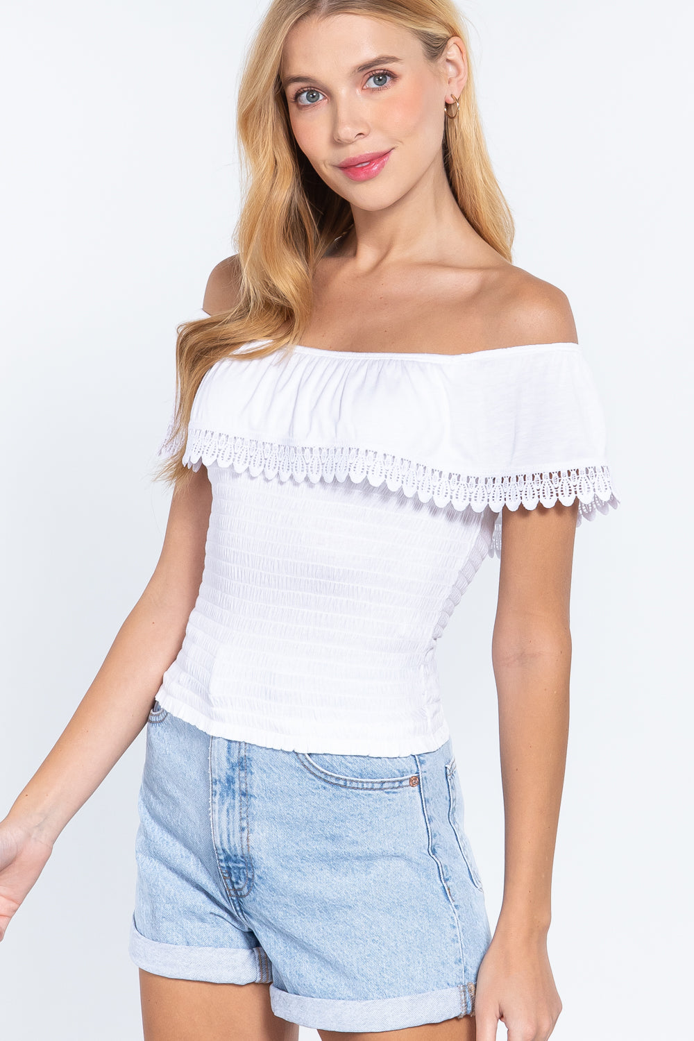 Women's Off Shoulder Lace Smocked Top Soft Rayon Stretch Knit T-Shirt Blouse