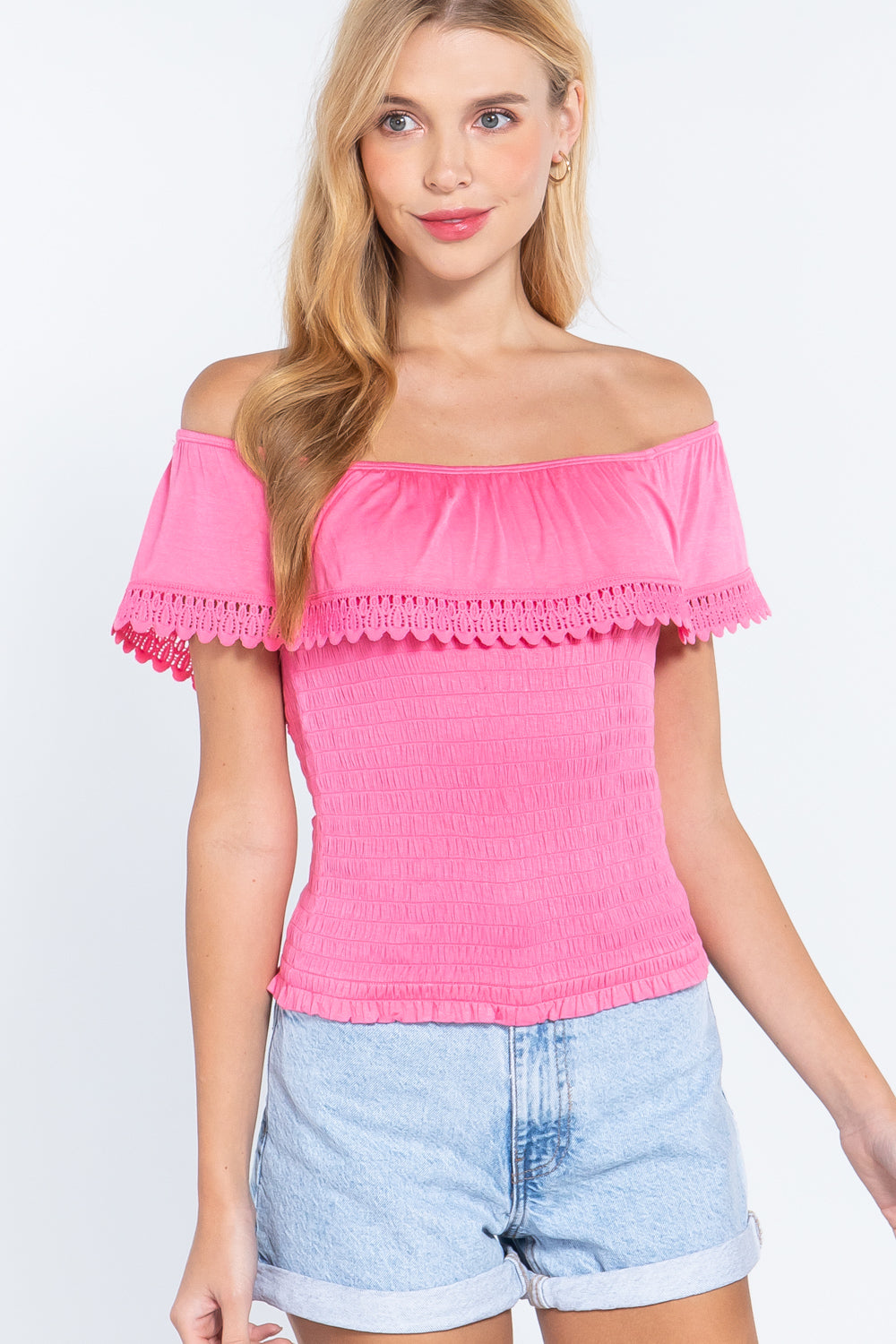 Women's Off Shoulder Lace Smocked Top Soft Rayon Stretch Knit T-Shirt Blouse