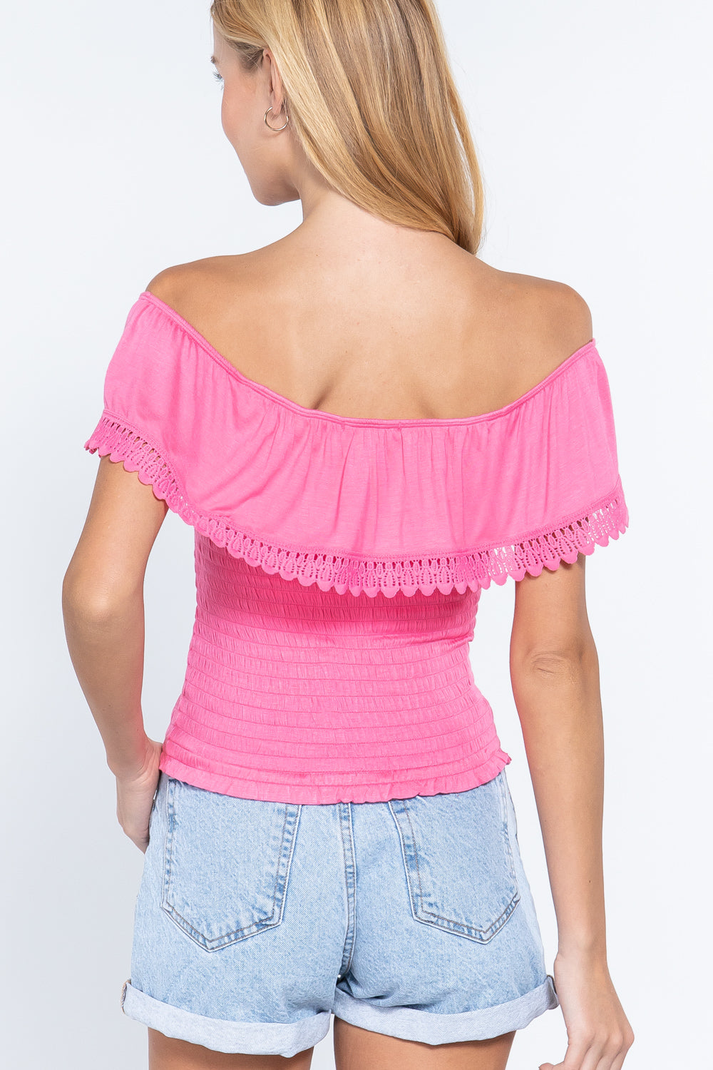 Women's Off Shoulder Lace Smocked Top Soft Rayon Stretch Knit T-Shirt Blouse