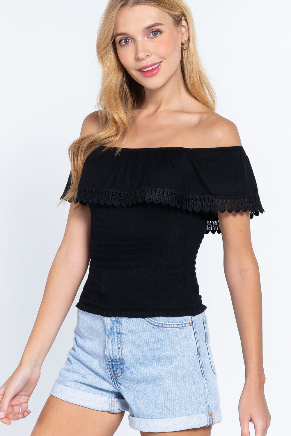 Women's Off Shoulder Lace Smocked Top Soft Rayon Stretch Knit T-Shirt Blouse