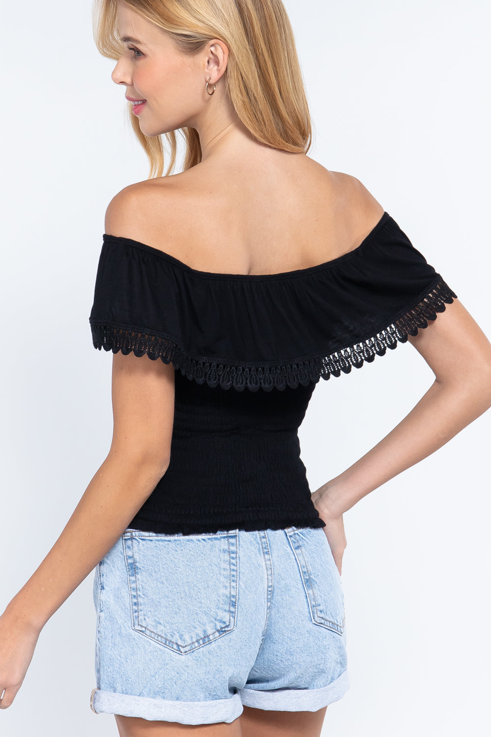 Women's Off Shoulder Lace Smocked Top Soft Rayon Stretch Knit T-Shirt Blouse