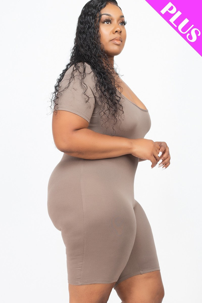 Women Plus Bodycon Romper Short Sleeve Stretch Scoop Neck Jumpsuit (1X,2X,3X)