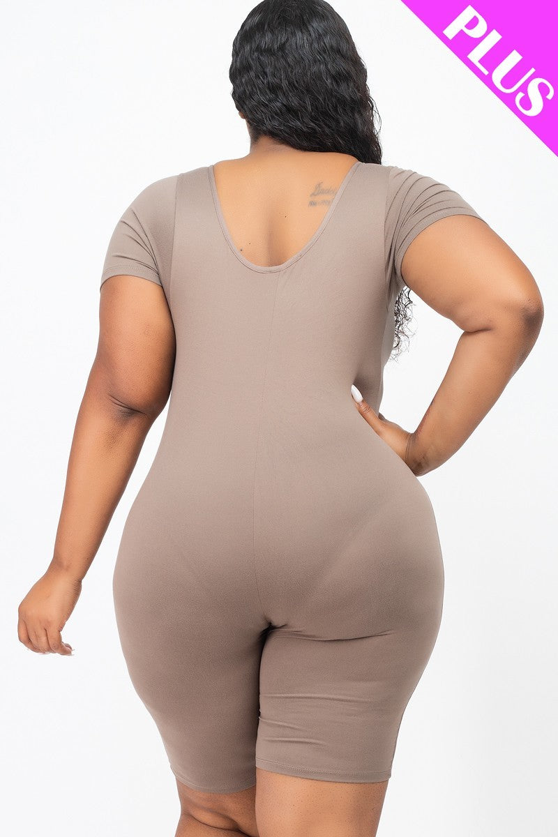 Women Plus Bodycon Romper Short Sleeve Stretch Scoop Neck Jumpsuit (1X,2X,3X)