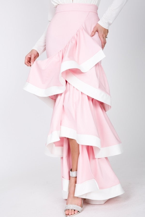 Women's Contrast Hem Ruffle Layer Maxi Long Skirt - Rose Pink/ Ivory