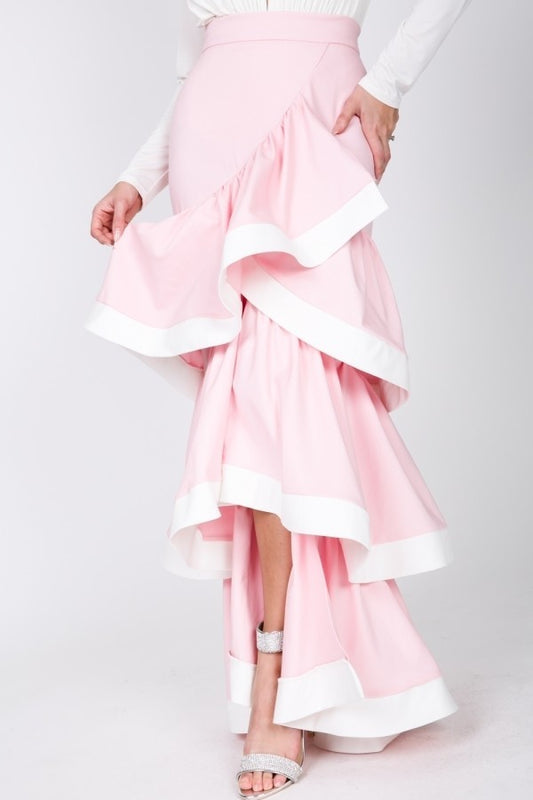 Women's Contrast Hem Ruffle Layer Maxi Long Skirt - Rose Pink/ Ivory