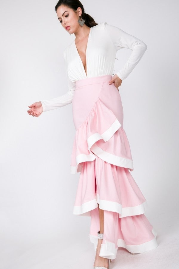 Women's Contrast Hem Ruffle Layer Maxi Long Skirt - Rose Pink/ Ivory