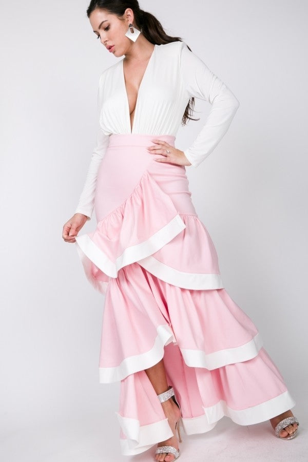 Women's Contrast Hem Ruffle Layer Maxi Long Skirt - Rose Pink/ Ivory