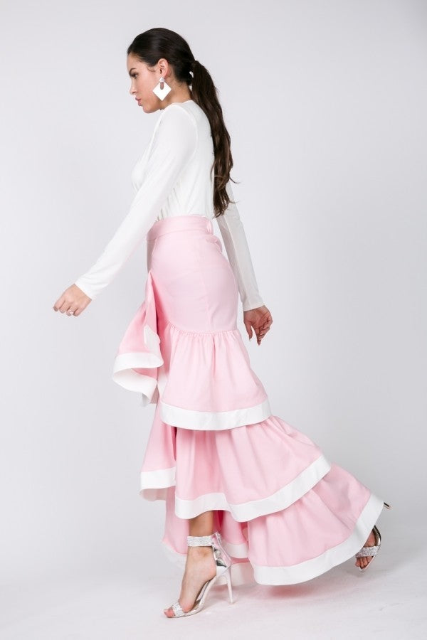 Women's Contrast Hem Ruffle Layer Maxi Long Skirt - Rose Pink/ Ivory