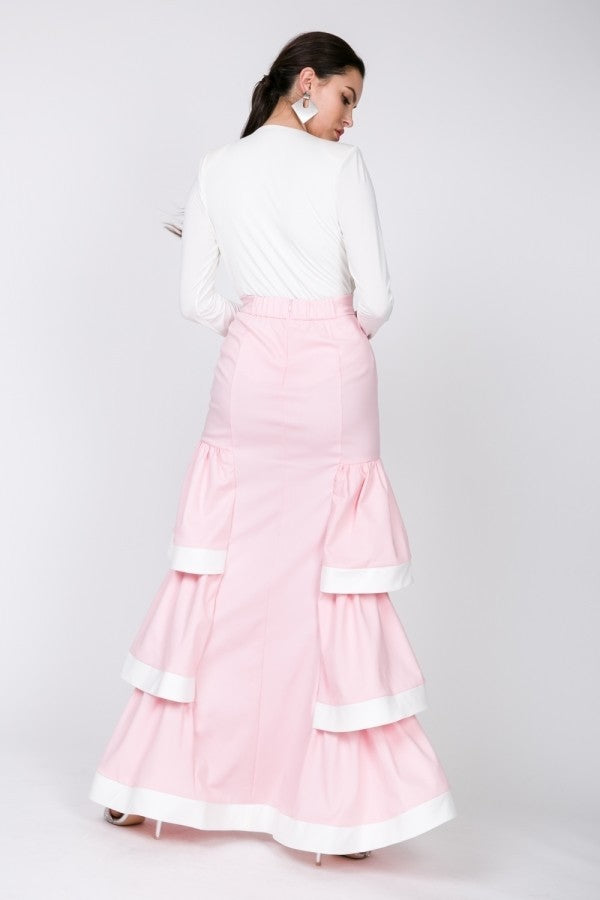 Women's Contrast Hem Ruffle Layer Maxi Long Skirt - Rose Pink/ Ivory