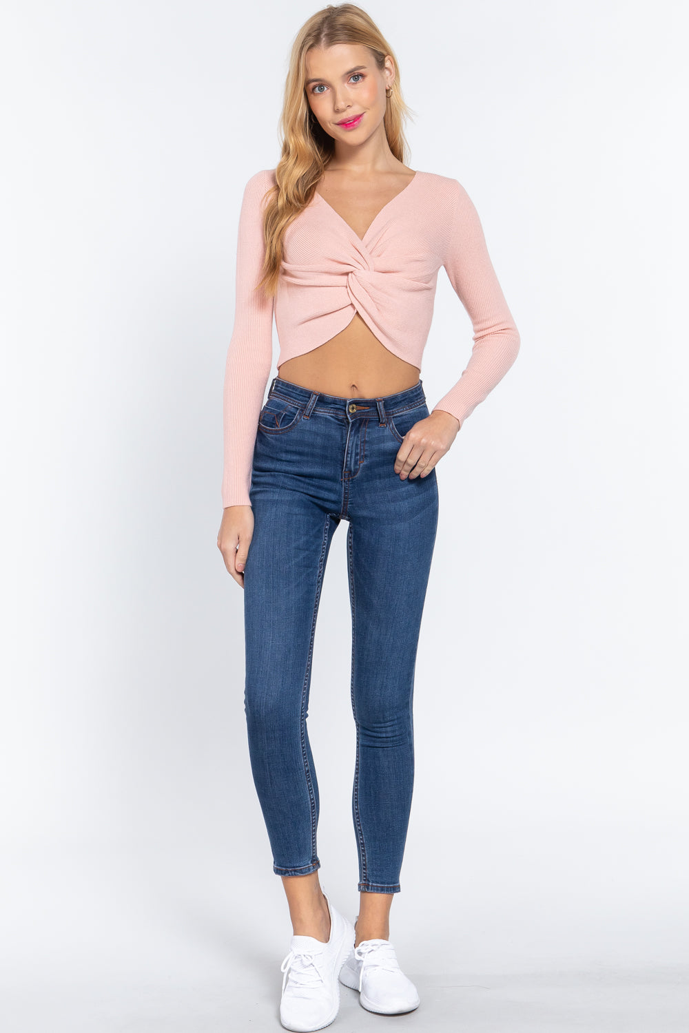 Women's V-neck Front Knotted Cropped Sweater Long Sleeve Stretchy Fitted