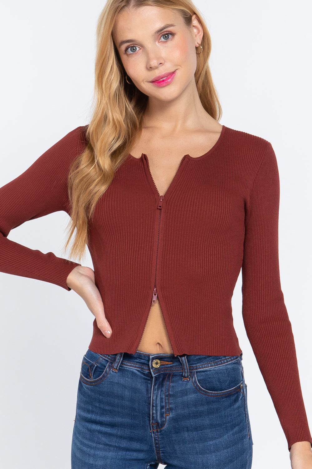 Women's Round Neck Rayon Rib Sweater Front Zipper Long Sleeve Soft Casual