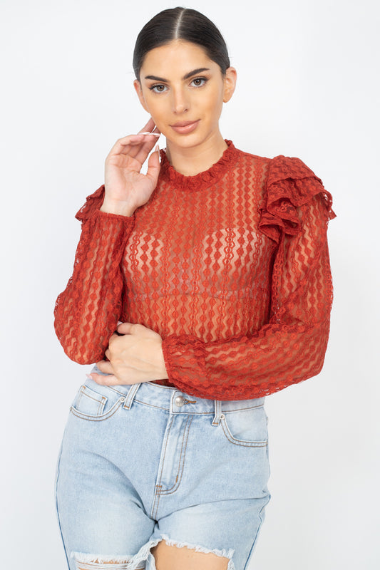 Women's All Over Sheer Crochet Lace Mock Neck Long Sleeve Top Shirt Ruffled Trim