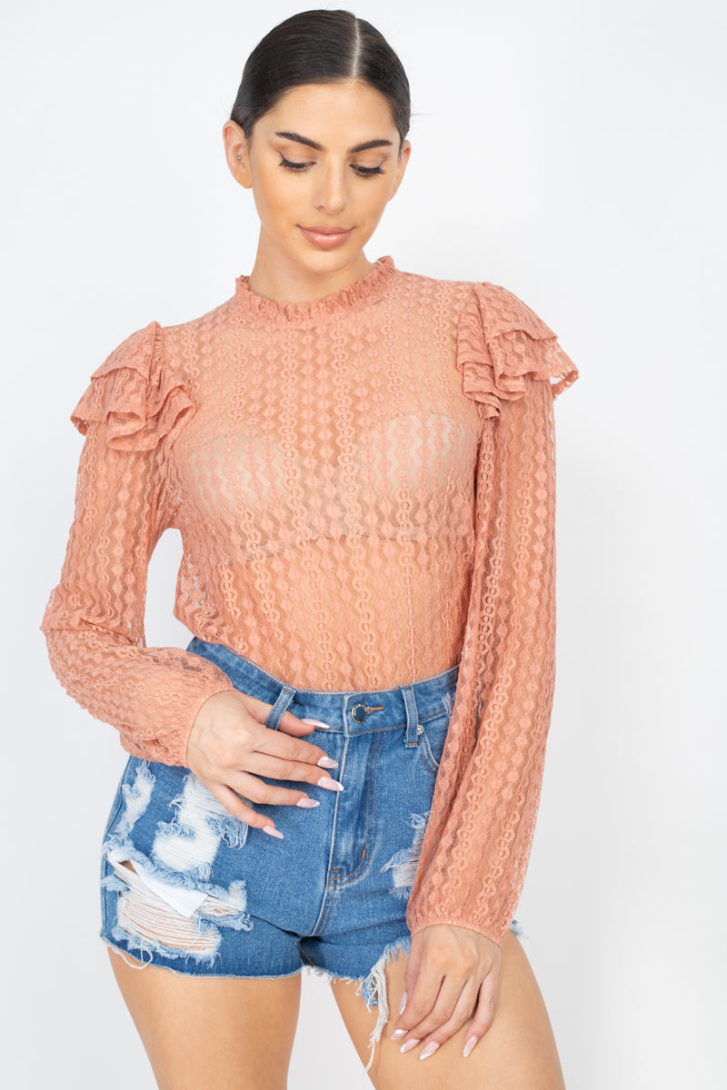 Women's All Over Sheer Crochet Lace Mock Neck Long Sleeve Top Shirt Ruffled Trim