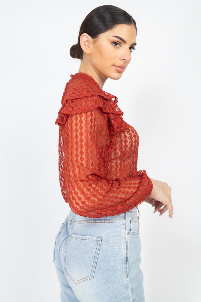 Women's All Over Sheer Crochet Lace Mock Neck Long Sleeve Top Shirt Ruffled Trim