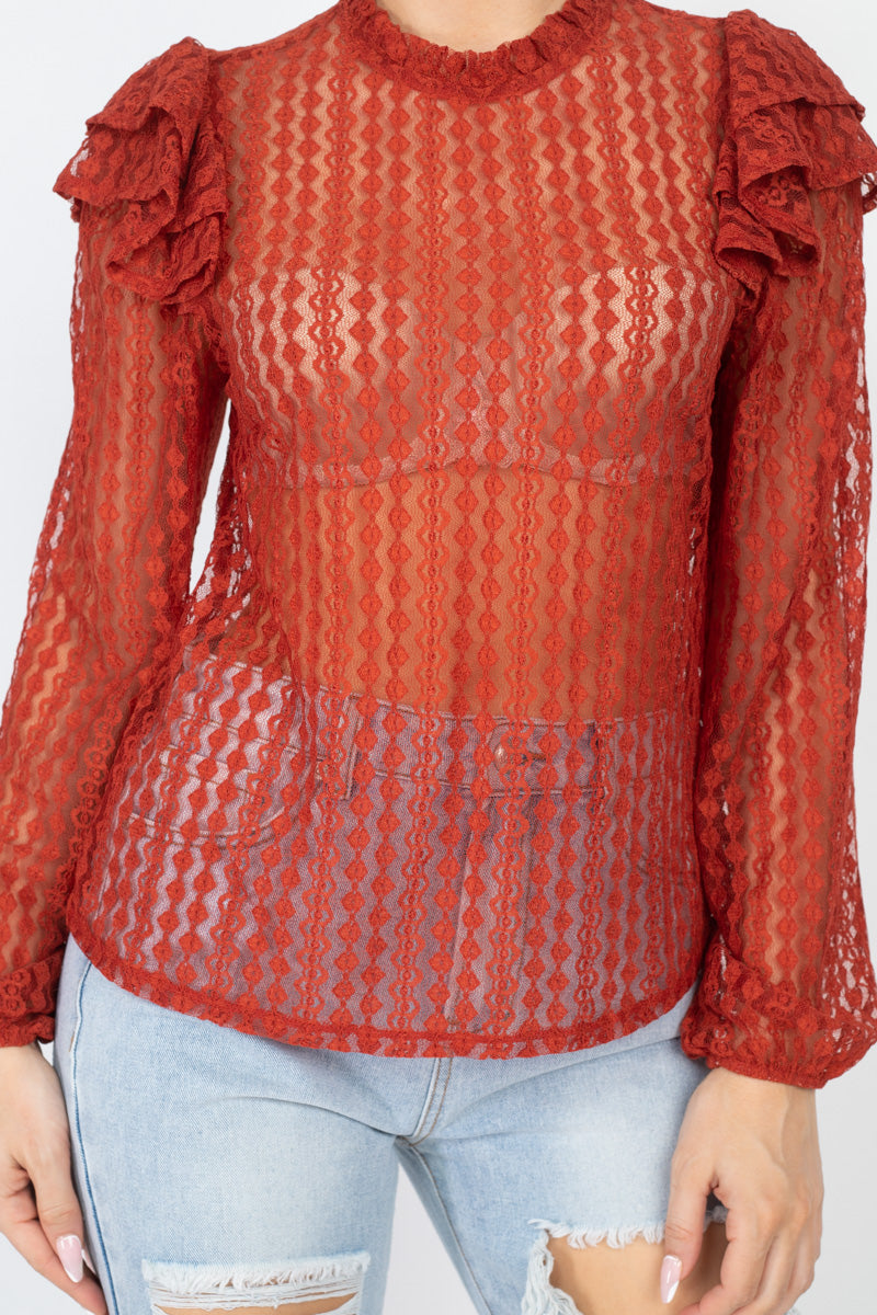 Women's All Over Sheer Crochet Lace Mock Neck Long Sleeve Top Shirt Ruffled Trim