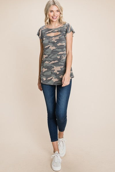 Women Army Camo Printed Cut Out Neckline Short Flutter Sleeves Casual Basic Top