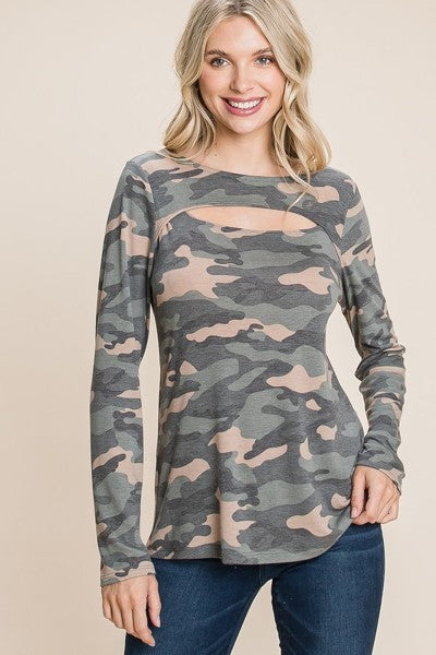 Women Army Camo Printed Cut Out Neckline Long Sleeves Casual Basic Top
