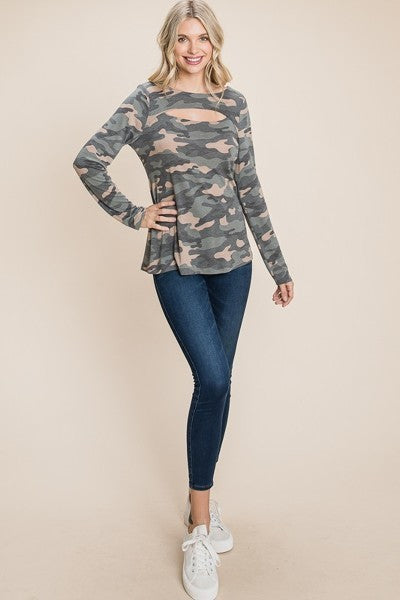 Women Army Camo Printed Cut Out Neckline Long Sleeves Casual Basic Top