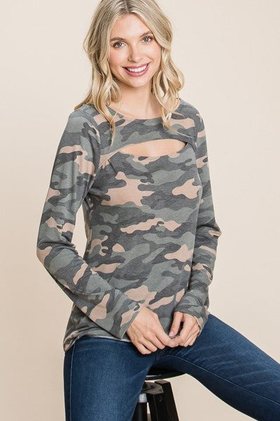 Women Army Camo Printed Cut Out Neckline Long Sleeves Casual Basic Top
