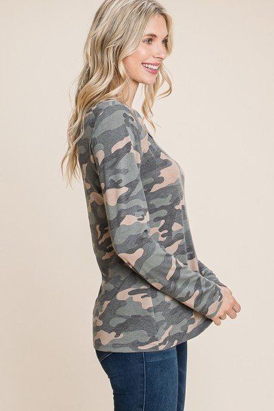 Women Army Camo Printed Cut Out Neckline Long Sleeves Casual Basic Top