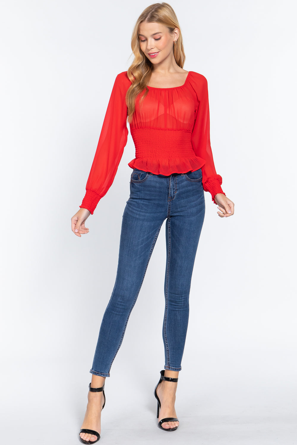 Women's Square Neck Smocked Chiffon Blouse Top Long Sleeves Shirt