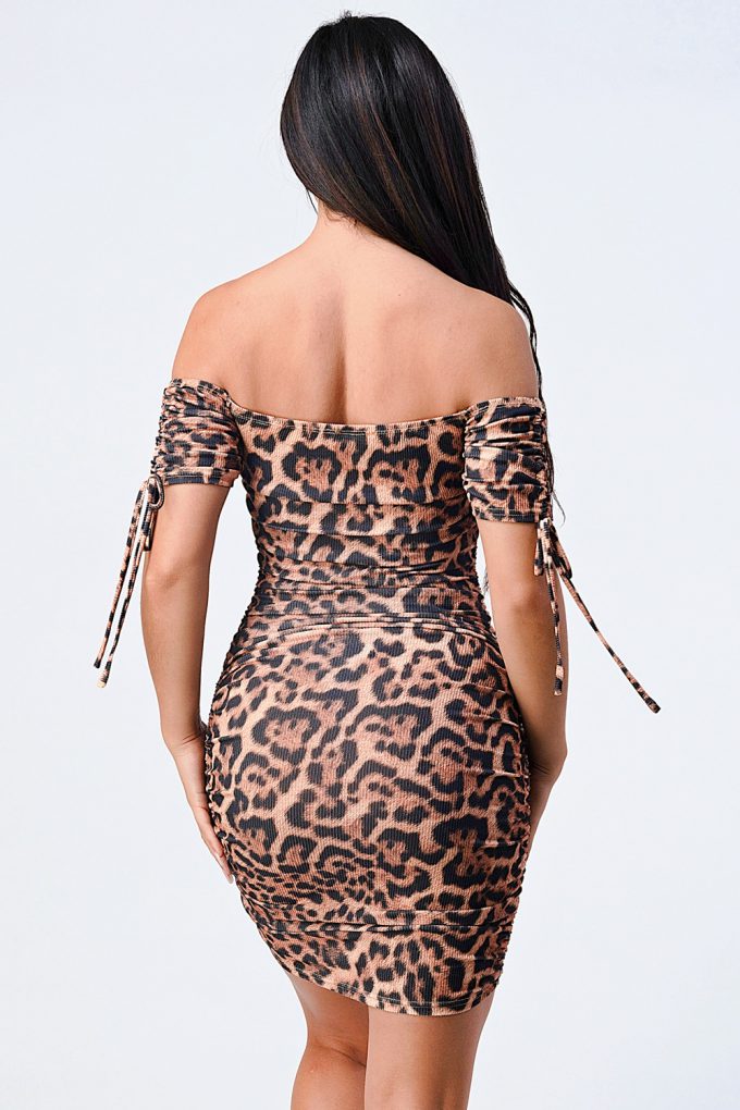 Women's Leopard Printed Off Shoulder Shirring Bodycon Mini Dress Short Sleeve