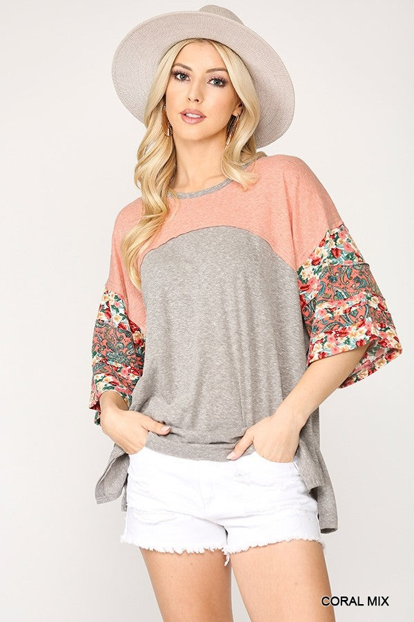 Women's Round Neck Top Colorblock Floral Printed 3/4 Dolman Sleeve Loose Fit Tee