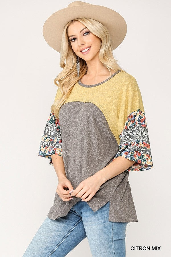 Women's Round Neck Top Colorblock Floral Printed 3/4 Dolman Sleeve Loose Fit Tee