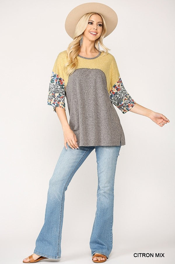 Women's Round Neck Top Colorblock Floral Printed 3/4 Dolman Sleeve Loose Fit Tee