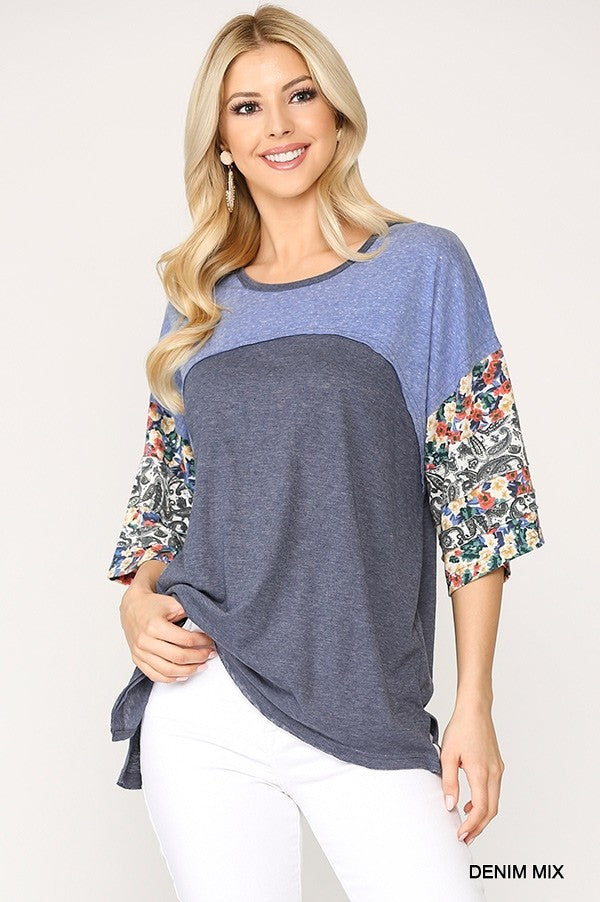 Women's Round Neck Top Colorblock Floral Printed 3/4 Dolman Sleeve Loose Fit Tee