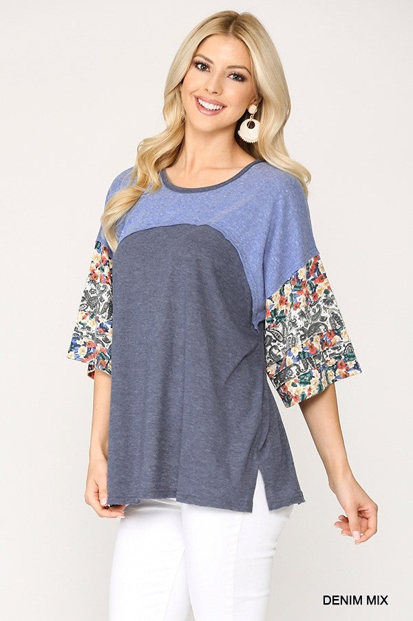 Women's Round Neck Top Colorblock Floral Printed 3/4 Dolman Sleeve Loose Fit Tee