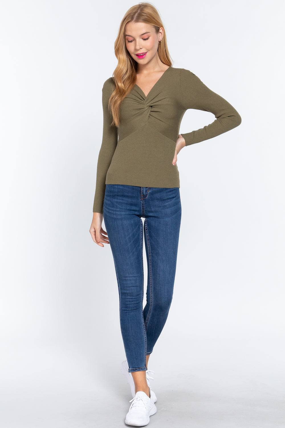Women's Long Sleeve V-neck Viscose Sweater Soft Front Bust Twisted Knotted