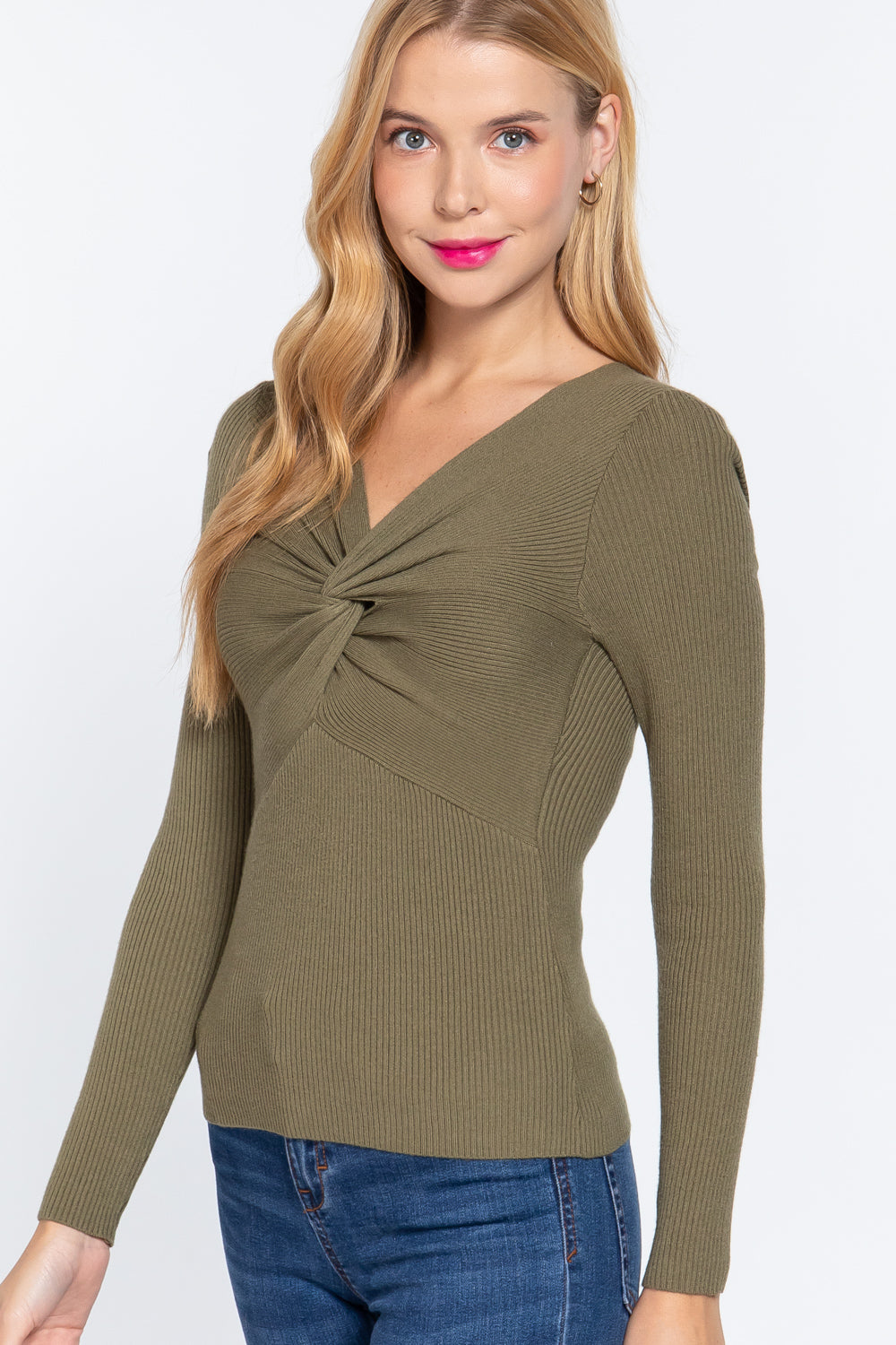 Women's Long Sleeve V-neck Viscose Sweater Soft Front Bust Twisted Knotted