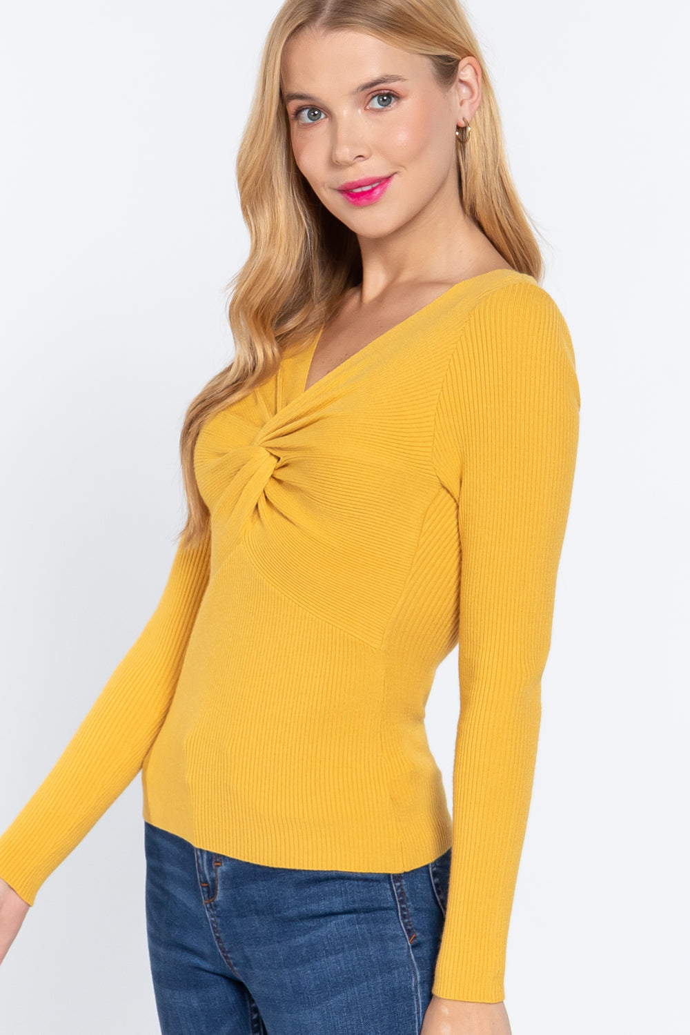 Women's Long Sleeve V-neck Viscose Sweater Soft Front Bust Twisted Knotted