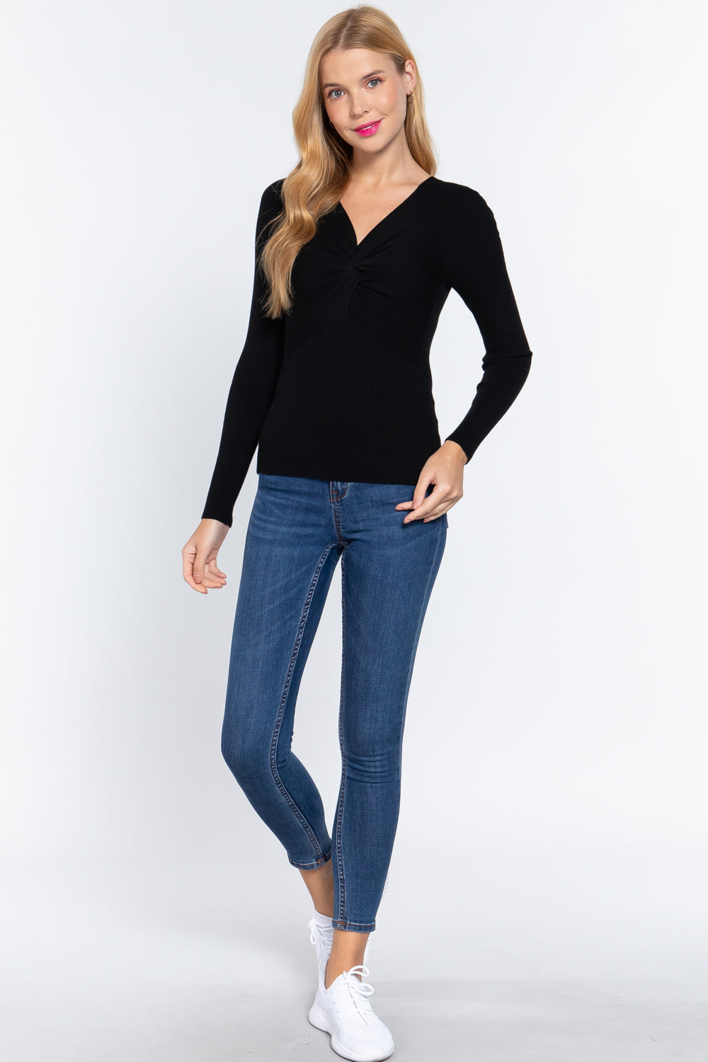 Women's Long Sleeve V-neck Viscose Sweater Soft Front Bust Twisted Knotted